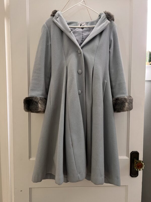 Baby blue winter coat with gray fur lining around cuffs and hood